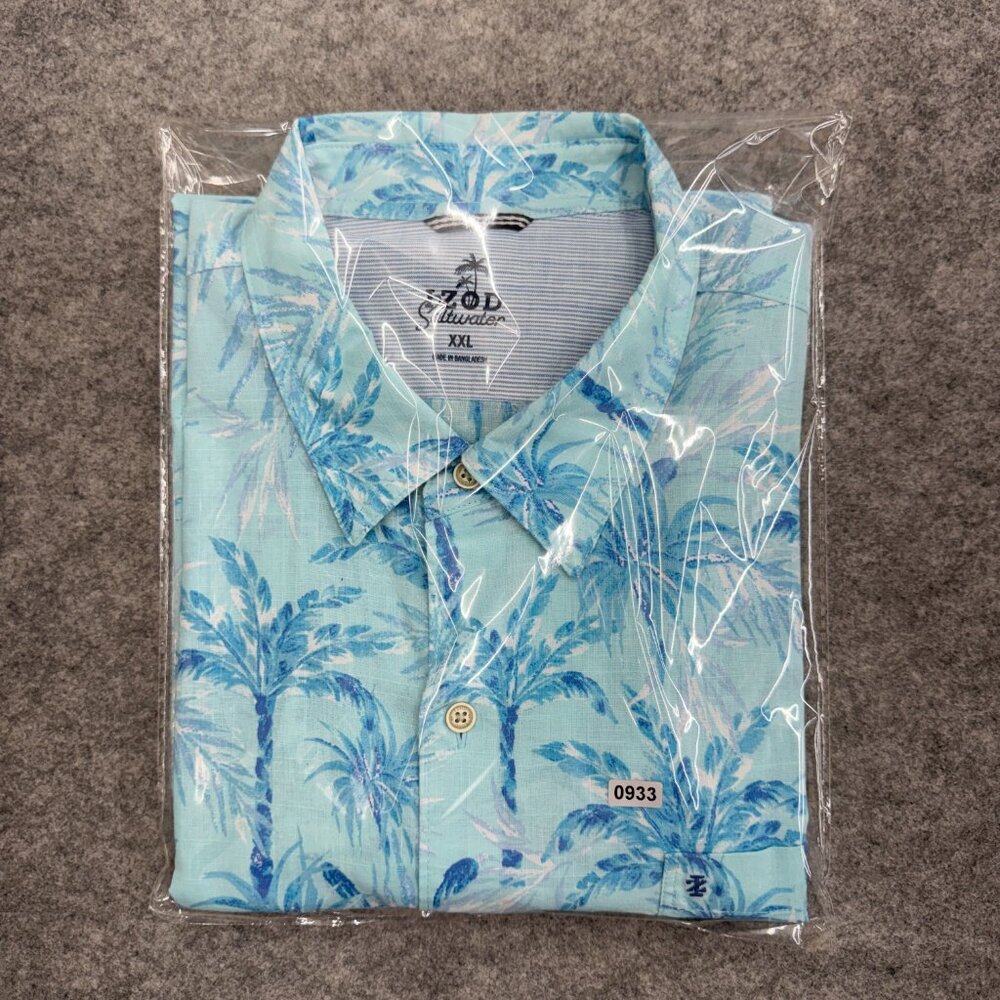 IZOD Saltwater Hawaiian Shirt Men's XXL Short Sleeve 100% Cotton, Blue Palm Tree - Picture 11 of 11